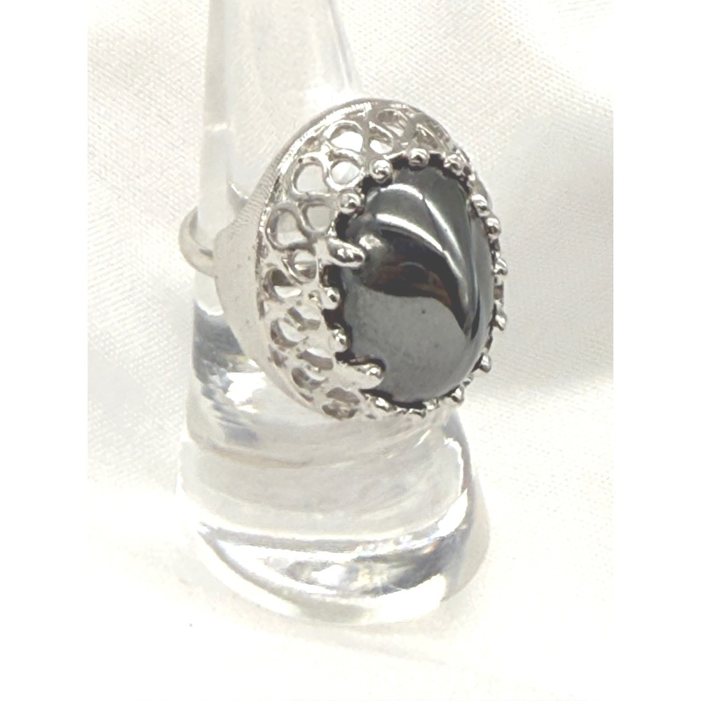 Sarah Coventry Vintage 70s Hematite Silver Tone Filigree Large Cocktail Ring